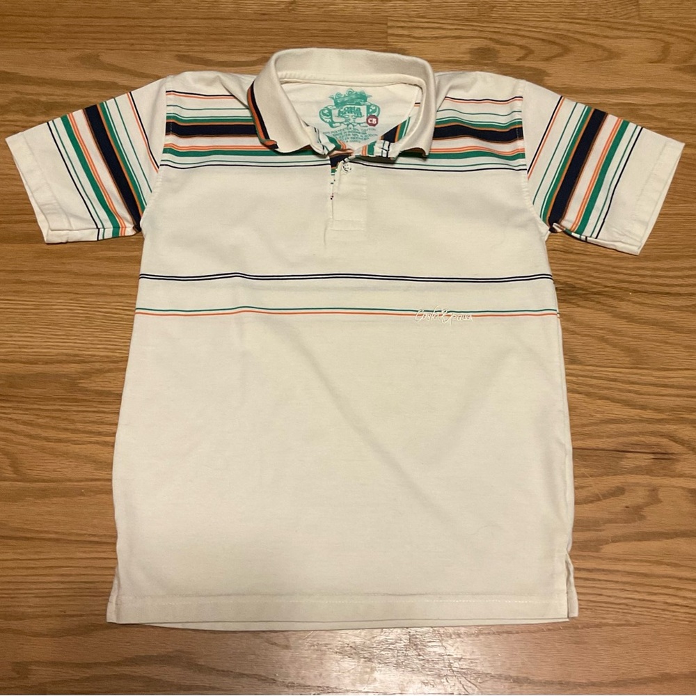 Boy’s Costa Brava Striped Kids Beige Short Sleeve Polo. Polyester Cotton Shirt.